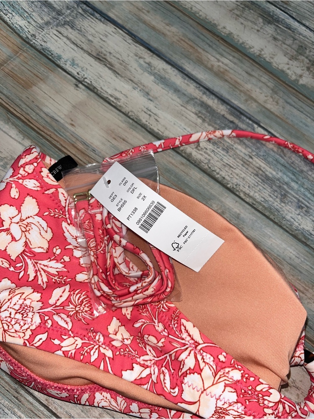 J.Crew NWT Pink Floral Bandeau Bikini Swim Top 2X Removable Strap - Picture 6 of 7